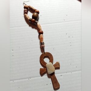 NEW Handcrafted 8" Single Earring! Wood Ankh, Genuine Fluorite Stone, Wood Beads